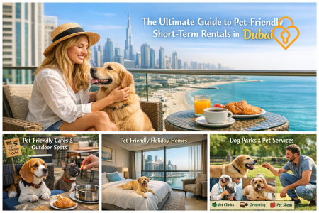 Pet-friendly short-term rental in Dubai with balcony and dog